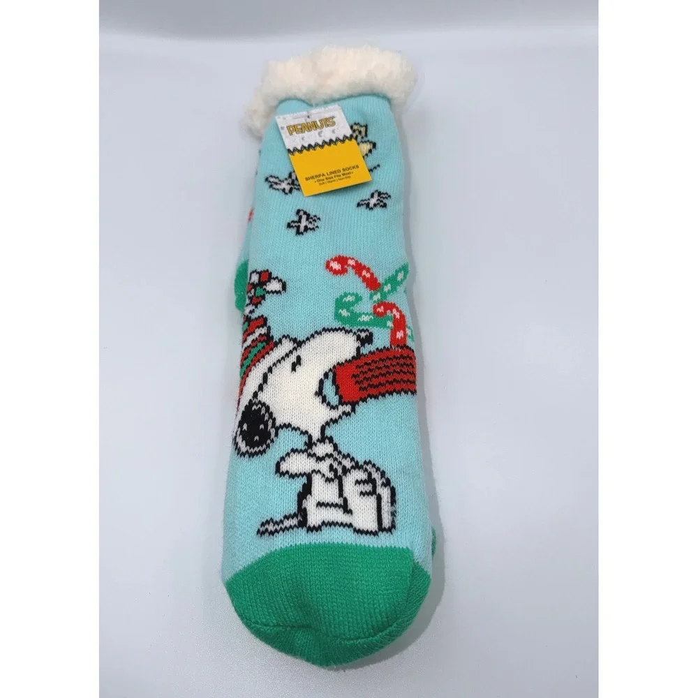 Peanuts Snoopy‎ Sherpa Lined Slipper Socks Light Blue Christmas Non-Slip NWT OS